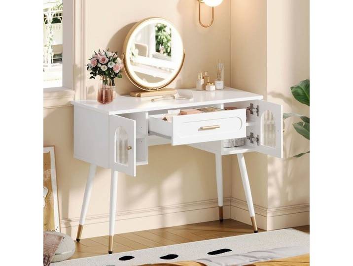 Coiffeuse scandinave blanche avec miroir LED 1 tiroir 2 portes grand rangement sans tabouret 100x42x112cm