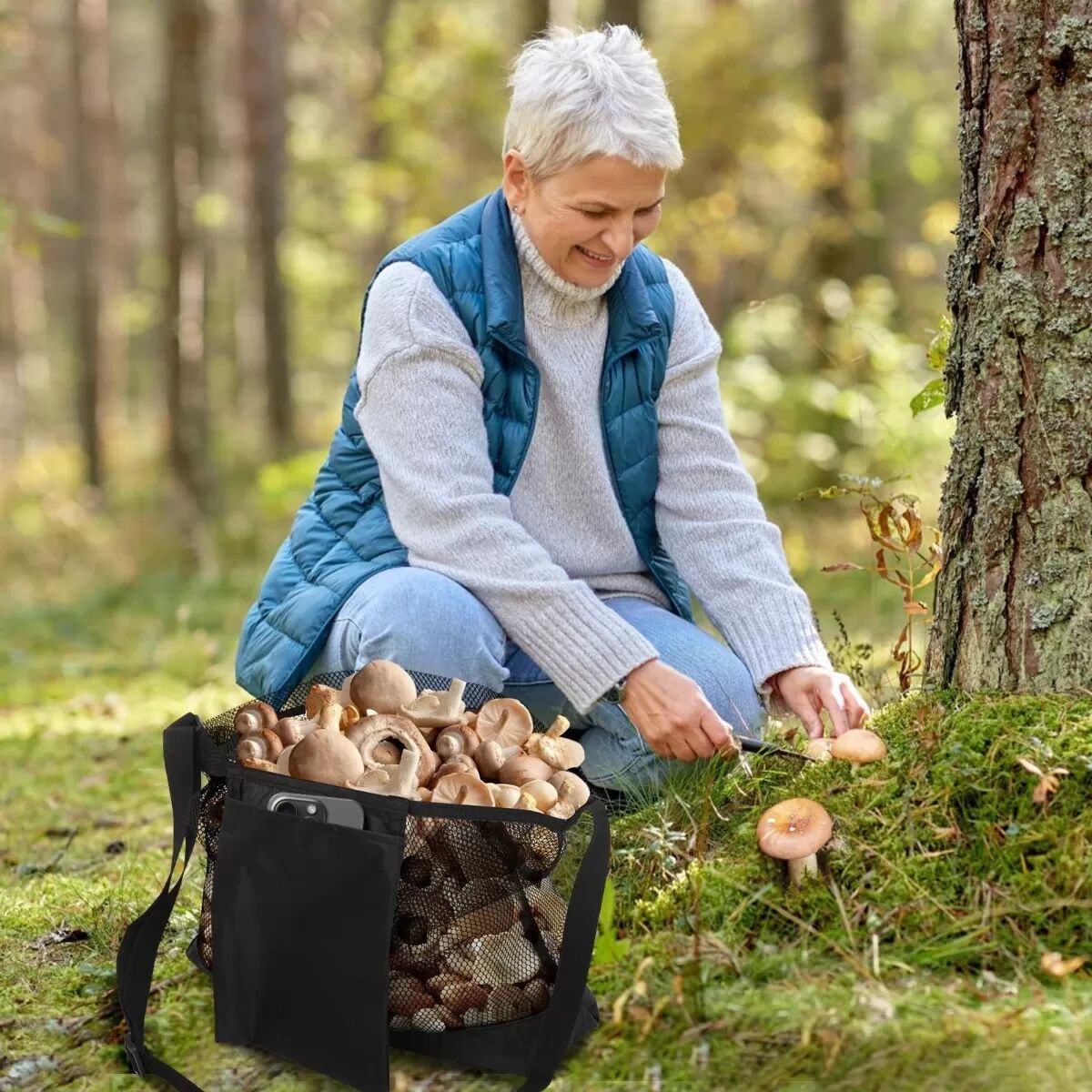 INF Faltbare Großraum-Mesh-Erntetasche - Tragbare Obsternte & Pilzsammel-Tasche Schwarz