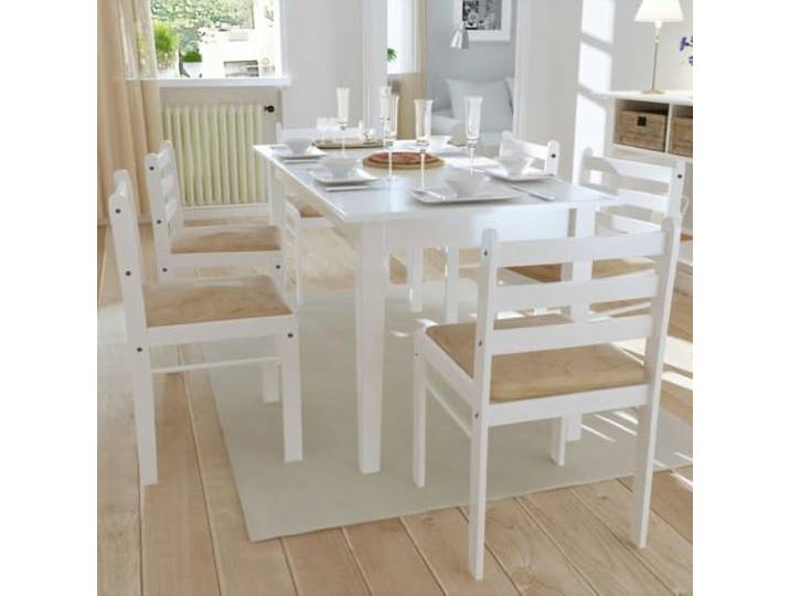 6 Esszimmerstühle Weiß Massivholz Gummibaumholz mit Polyester Polster Stabile Konstruktion, weicher Polyesterbezug, pflegeleichte Oberfläche, vielseitig einsetzbar, 110 kg Tragkraft