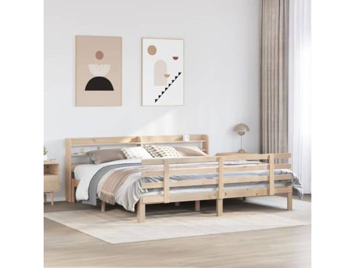 RJPLMFV Bettgestell aus Holz, 200 x 200 cm, mit Kopfteil Kiefer massiv, 2 Ablageflächen, Lattenrost inklusive, robust und stabil