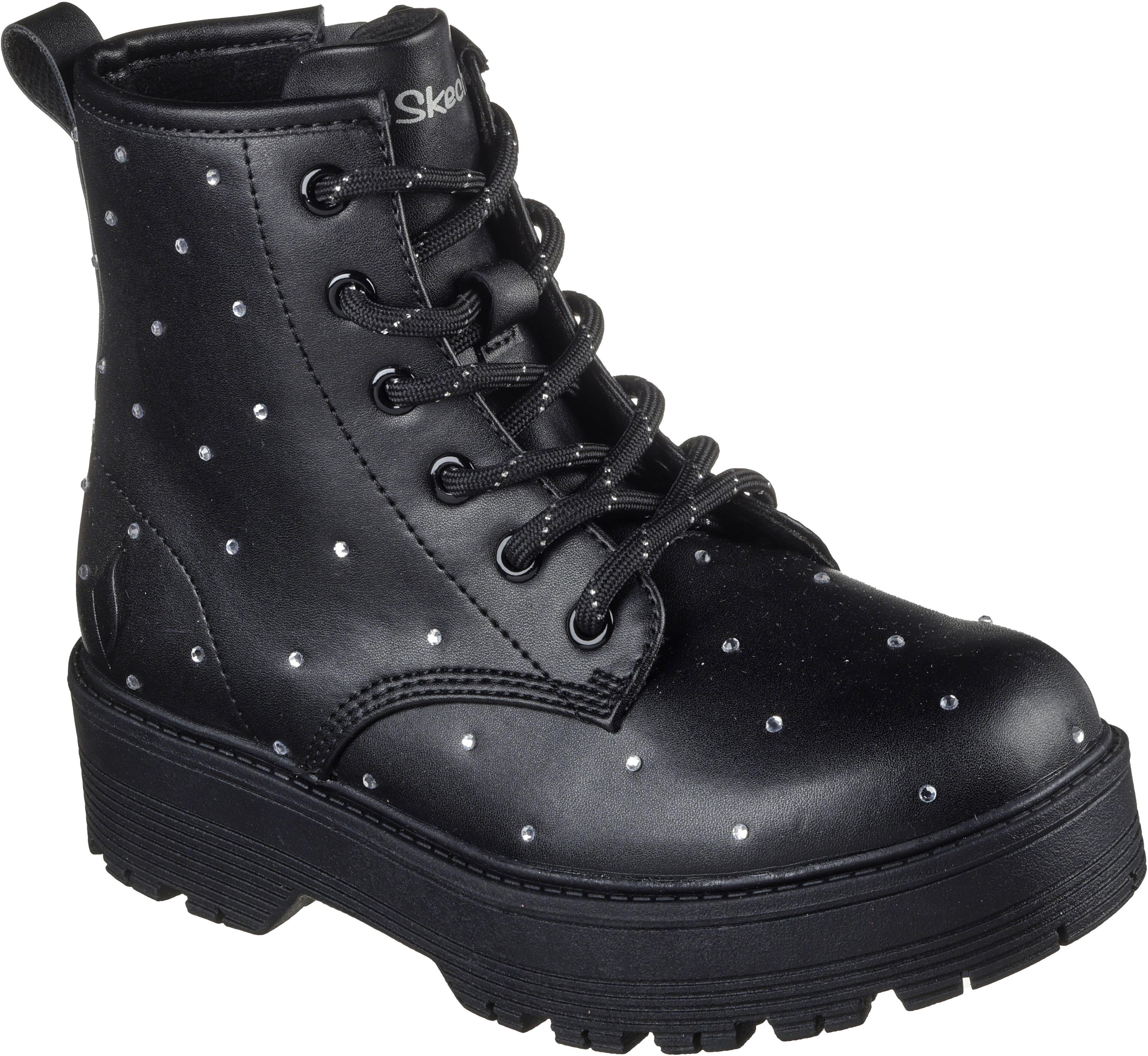 Schnürstiefel SKECHERS "GRAVLEN HI", Mädchen, Gr. 35, Textil, schwarz, Lederimitat, Schuhe Schnürstiefel, Boots mit Nieten, Größenschablone zum Download