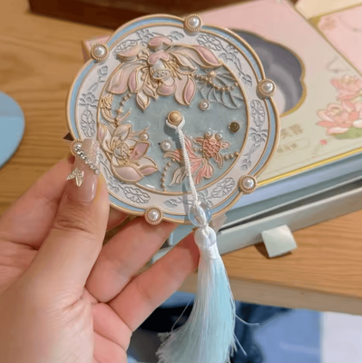 Inspire Curations Water Hibiscus Vintage Handheld Makeup Mirror lotus Tassel Style