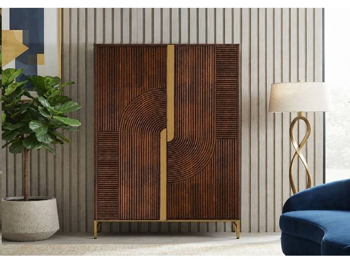 Highboard 120x160cm 'Marvello' Mango braun & Metall goldfarbig Holztüren