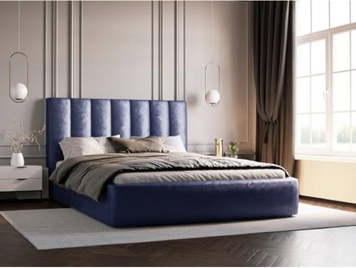 Emporius Polsterbett 160x200 Velor - Design Doppelbett, Schlafzimmer, Bett mit Lattenrost, Samtstoff, Bettkasten, Doppelbett 160x200 (Blau - Ikoo 10)