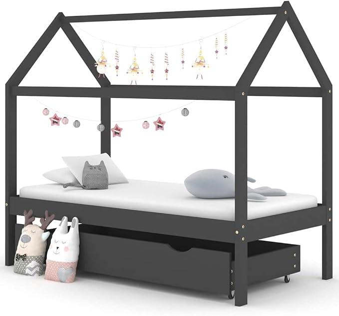 Kinderbett mit Schublade Dunkelgrau Massivholz Kiefer 80x160 cm mit Lattenrost Stauraum Rausfallschutz höhenverstellbar umbaubar für Kinderzimmer Schlafzimmer Schlafplatz