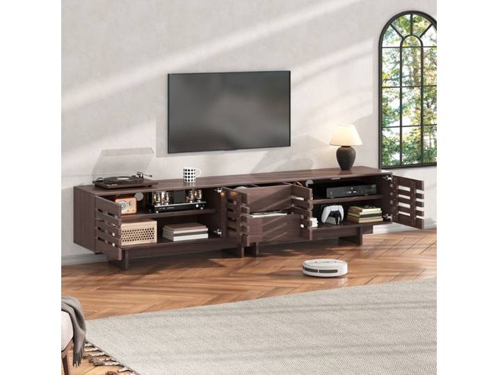 Meuble TV pour Téléviseur jusqu'à 80 Pouces 200cm 4 Portes 2 Tiroirs 6 Compartiments MDF et Noyer Salon