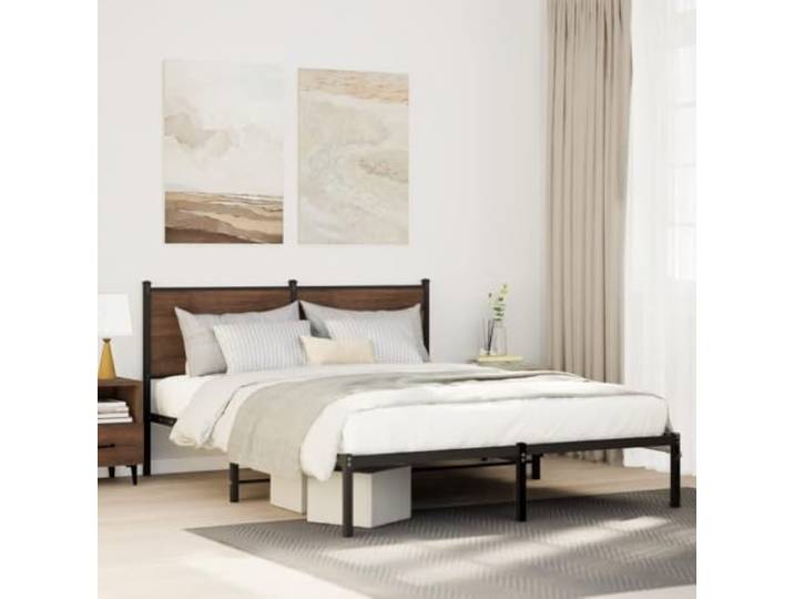 Stahlgestell robust mit Lattenrost klassisches Design 137x190 cm Braun Metallbett ohne Matratze Räuchereiche 137x190 cm stabil Bettgestell mit Kopfteil Stauraum unter dem Bett Gästebett für