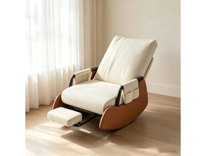 Relaxsessel mit Hocker mit Ausziehbarer Beinablage Wohnzimmersessel mit harmonischer Wippfunktion und durchdachter Seitenaufbewahrung.