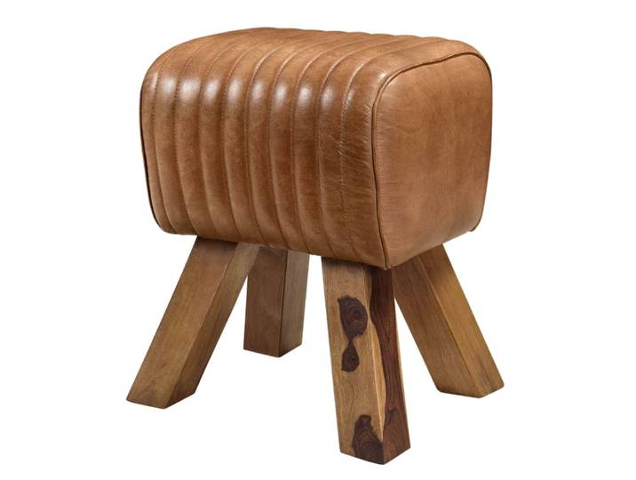 Tabouret en cuir marron et bois de manguier