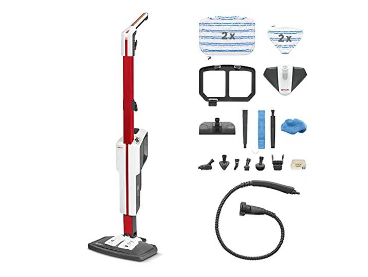Polti Vaporetto SV650 Style\, balai vapeur et nettoyeur portable 2 en 1 Puissance 1 500 W\, autonomie illimitée\, 19 accessoires\, filtre anti-calcaire\, rangement vertical\, rouge et blanc