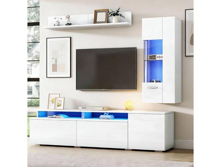 Ensemble Meuble TV 3 pièces éclairage LED avec étagère murale Blanc laqué brillant