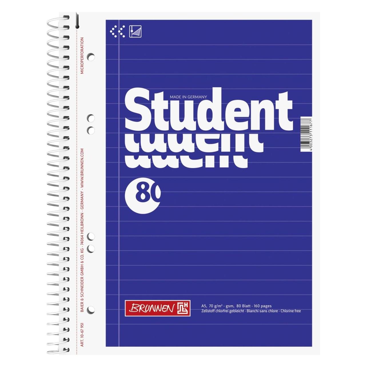 Brunnen 5 Collegeblöcke Student liniert DIN A5 Innenrand (A5, Liniert, Kein Einband) (1067951)