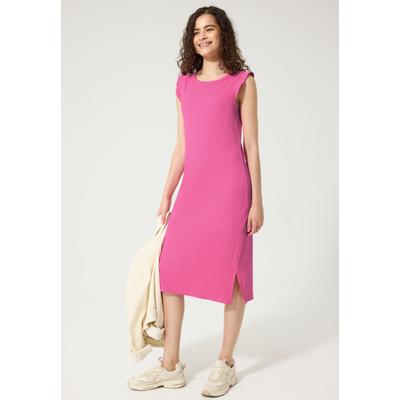Jerseykleid STREET ONE STUDIO, Damen, Gr. 42, EURO-Größen, simply pink, Jersey, 95% Baumwolle, 5% Elasthan, unifarben, comfort fit Midi, Rundhals, Rüschen, Kleider Jerseykleid, in Unifarbe