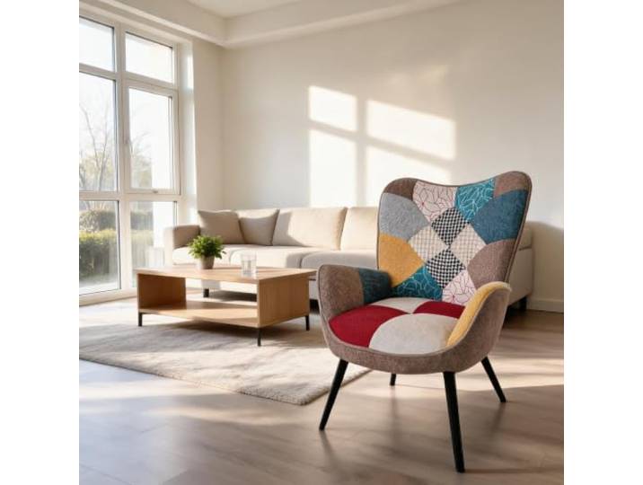 GarveeHome Ohrensessel Patchwork Sessel Wohnzimmer Relaxsessel Loungesessel Polstersessel mit Massivholzfüße für Wohnzimmer, Schlafzimmer, Leseecke