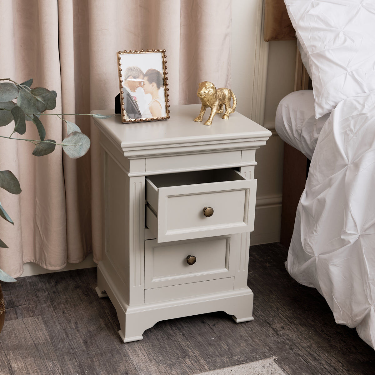 Taupe-Grey Two Drawer Bedside Table - Daventry Taupe-Grey Range Wood, Metal