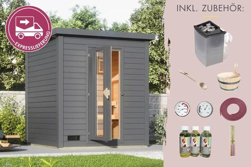 Saunahaus Karibu Andale 2 Express inkl. 9 kW und integrierter Steuerung mit Holztüre und Isolierglas Klarglas terragrau