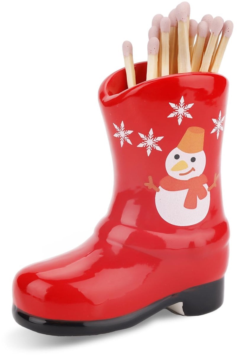 Keramische luciferhouder in cowboylaars vorm met kerstversiering, rood
