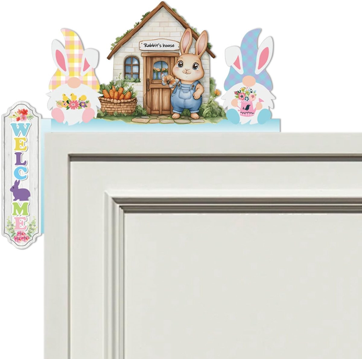 Dailygoods Paasdecoratie Houten Deurkozijn met Paashaas - Veelkleurig - B/D/H: 20 x 17,8 x 0,5 cm