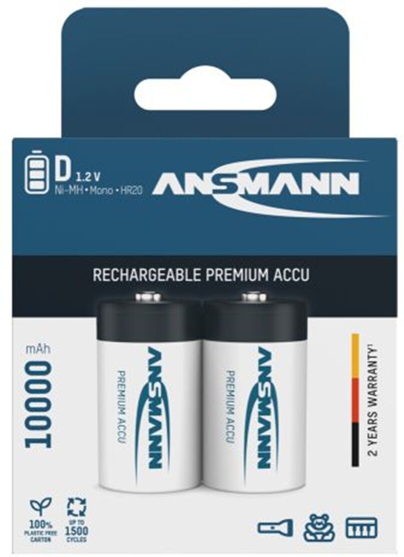 Ansmann Rechargeable D Batteries NiMH 10,000mAh Pack of 2