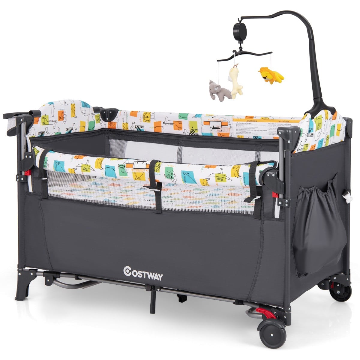 Costway Baby Ledikant 5-in-1 Converteerbaar Babybedje met Verschoontafel, Opbergzak, Hangend Speelgoed en Draagtas - Grijs