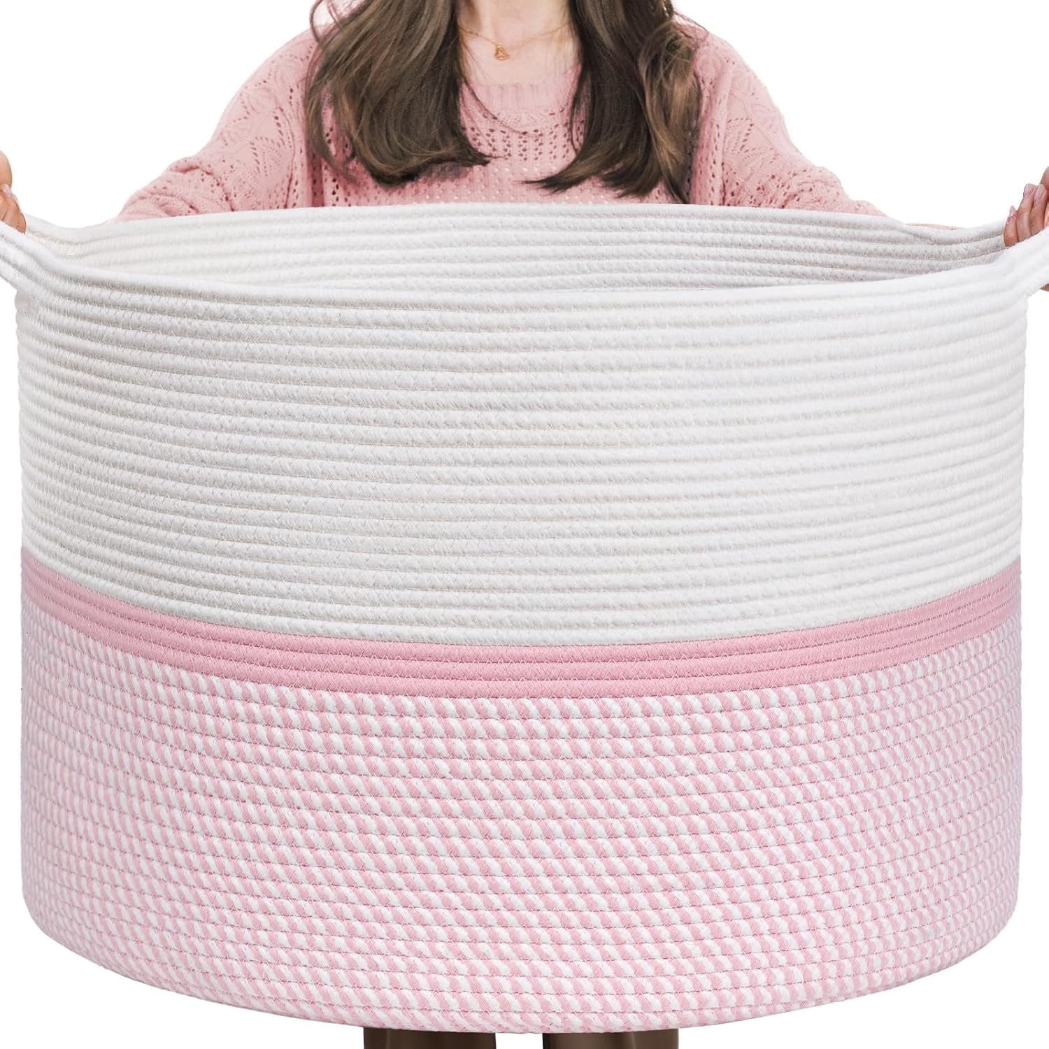 Roze decoratieve opbergmand XXL van geweven katoenen touw met handvatten