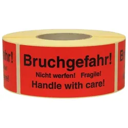 Transpak, Sicherheitskennzeichnung, Hinweisetikett Masse 145x70mm Papier rot Bruchgefahr Nicht werfen! Fragile!