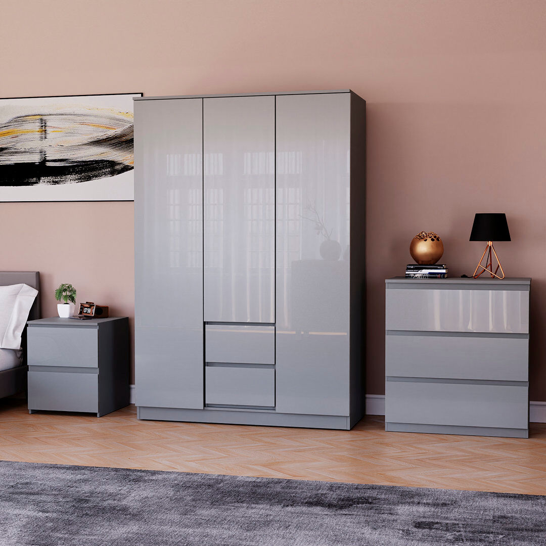 17 Stories Oslo 3 Piece Bedroom Set (2 Drawer Bedside Chest, 3 Drawer Chest, 3 Door 2 Drawer Wardrobe), (100% FSC) Grey