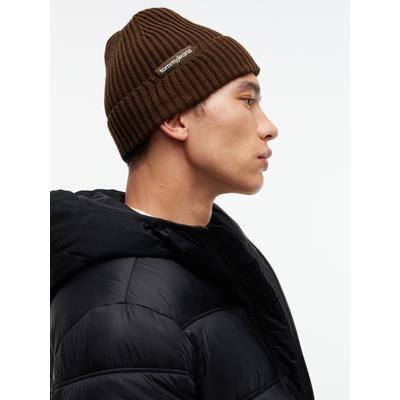 Beanie TOMMY JEANS "LINEAR LOGO BEANIE", Damen, braun (truffle braun), Strick, Baumwolle, unifarben, Mützen Beanie, Regular fit mit Markenlabel