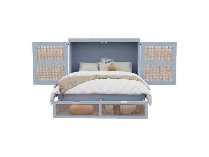Evryae Schrankbett 140/200 mit Lattenrost, Stauraumschubladen und Rattan-Design in Grau, 140x200 cm, Schlafzimmer, Betten, Gästebetten, Klappbetten