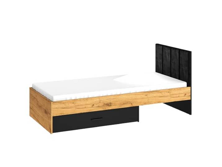 Lomadox Bett 90x200cm mit Bettschublade, schwarz mit Eiche