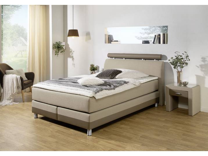 Boxspringbett, Strukturstoff & Kunstleder, Beige, 152×217 cm, Mit Topper, Klassisch, INOSIGN