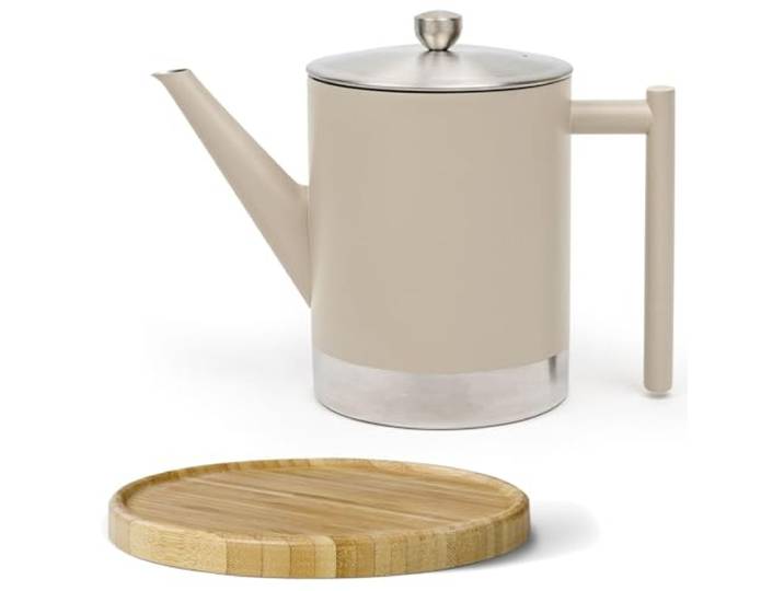 Bredemeijer doppelwandige Edelstahl Teekanne taupe 1.2 Liter - große isolierende Edelstahlkanne Set mit braunem Holz-Untersetzer & Teefilter-Sieb