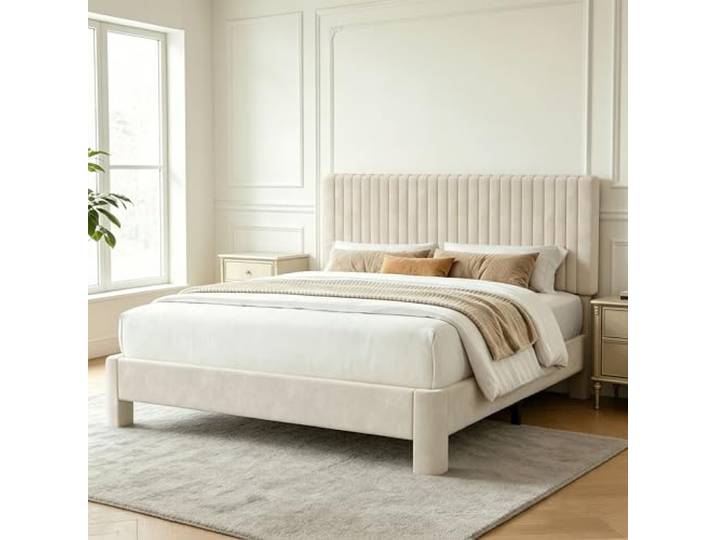 Vipbear 160 x 200 Bettrahmen, Samt Stoff gepolstert Plattform Bett mit Knopf Tufted Kopfplatte, Starke Holzschalten Unterstützung, Lärmfrei, Einfache Montage, Keine Box-Feder erforderlich, Beige