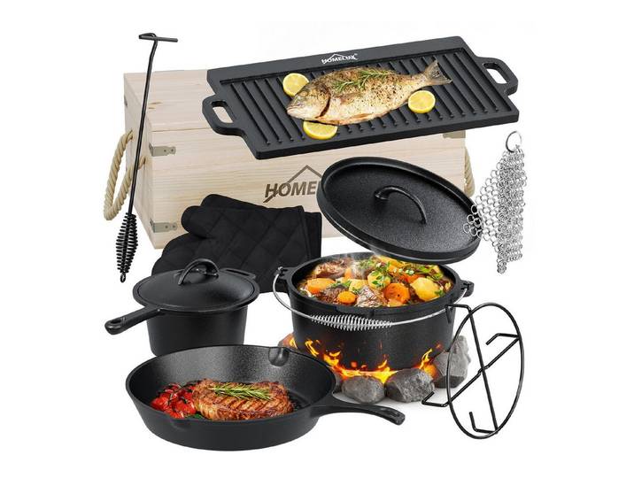 HOMELUX Topf-Set 10/12-tlg. Dutch Oven Set in Holzkiste Kochtopf Grillplatte Stieltopf, Gusseisen (Set, 10-tlg., Handschuhe, Stapelrost, Ringreiniger, Deckelheber), Gusseisen, vorgebacken, Hitzebeständig bis 280 °C