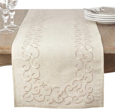 Saro Lifestyle Embroidered Swirl Design Linen Blend Runner