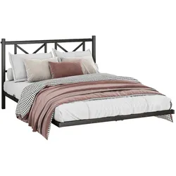 OKWISH Doppelbett Metall Schwarz 140x200 cm mit Kopfteil, LED-Beleuchtung, Ladestation und schwebender Optik