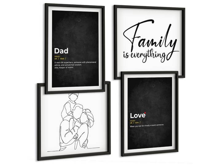 BILDER SET 4er Set - 50x50 cm & 40x60 cm Schwarzer Rahmen - Definitionen der Liebe in Familienzeichnungen