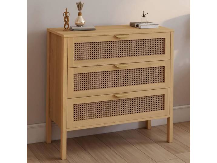 IDMARKET Commode 3 tiroirs EDHEN 80 cm cannage coloris bois