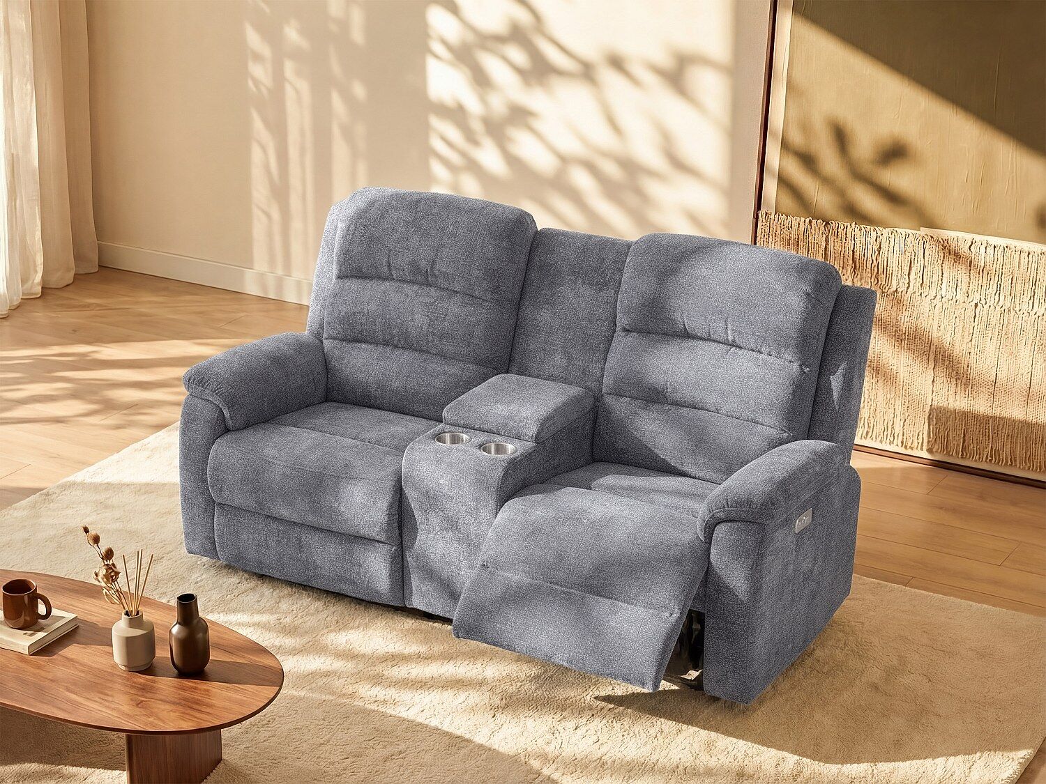 Unique Sofá de 2 plazas relax eléctrico con tableta NEVERS de tela - Gris