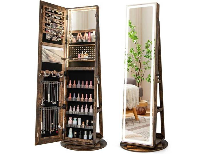Armoire à Bijoux avec Miroir - RELAX4LIFE - Miroir Bijoux sur Pied Pivotante - Éclairage LED 3 Couleurs - Porte Verrouillable