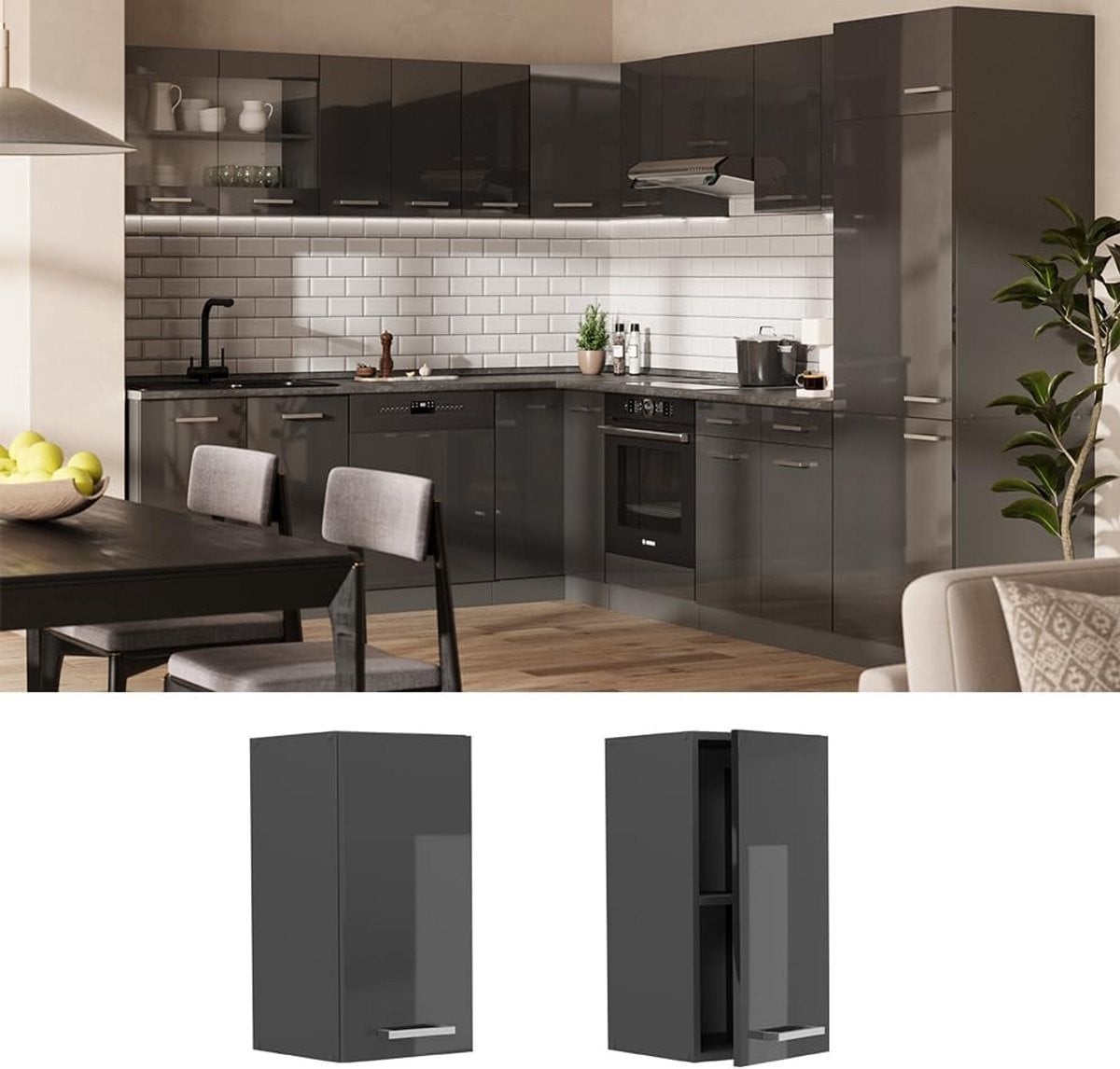 Antraciet Hoogglans Wandkast Keuken Hangkast Compacte Opbergmodule