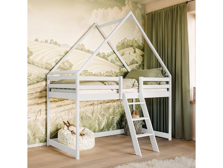 Lit cabane mi-hauteur 90x200 sommier inclus Coraline Blanc
