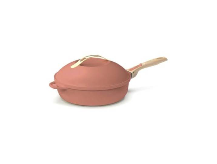 COOKUT - Die fabelhafte 8-in-1-Pfanne – Kleines Modell 24 cm – ein einzelnes Werkzeug, das Pfanne, Topf, Schmorpfanne, Bräter ersetzt – 2 abnehmbare Griffe, Dampf-/Frittierkorb, Holzspatel – Pivoine