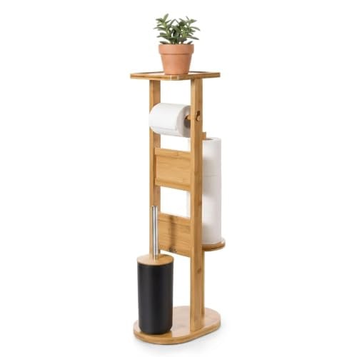 Relaxdays staand WC-garnituur met toiletborstel en toiletrolhouder, bamboe en kunststof, beige/bruin, H x B x D: 80 x 30 x 18 cm