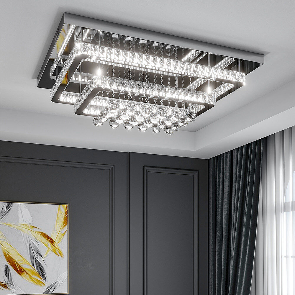 Mercer41 Jaclynn Modern Crystal LED Flush Mount Ceiling Light Fixture Silver 25cm H X 80cm W X 60cm D