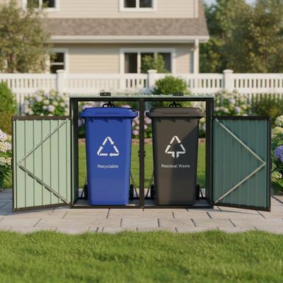 Clihome 2 Trash Cans Metal Outdoor Garbage Bin Shed Stores