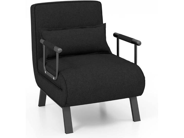 COSTWAY Fauteuil Convertible à Lit 1 Place Fauteuil de Salon 4-en-1 Dossier Réglable en 6 Positions avec Oreiller Noir