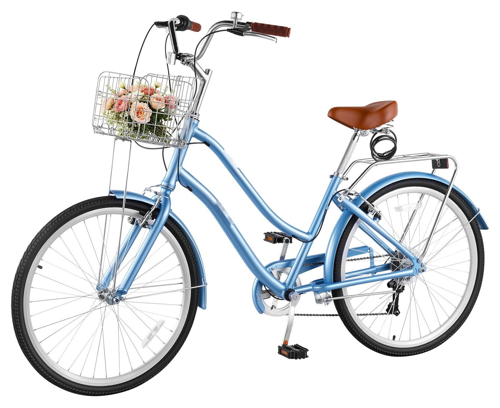 Damenfahrrad - Cruiser-Citybike - 66 cm - 7-Gang-Schaltung - Tragkraft bis 150 kg - Gepäckträger bis 50 kg - Korb und Doppel-V-Bremsen - Hellblau