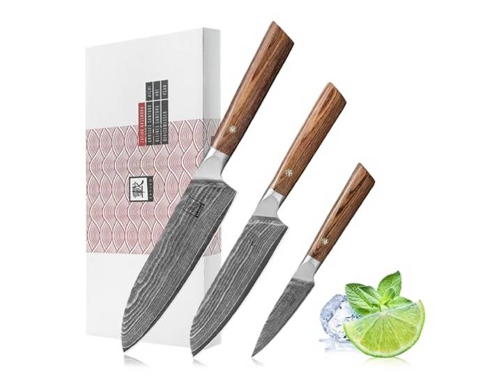 zayiko Kasshoku 3er Damastmesser-Set mit Pakkaholzgriffen inkl. Geschenkbox 3er Set: Santoku 18 cm, kleines Santoku 12 cm und Officemesser 9 cm aus 67 Lagen Damaststahl mit VG10 Kern und 15° V-Schliff