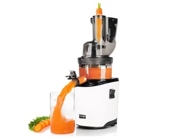 Kuvings Extracteur de jus REVO830 Double embouchure Découpe automatique Extracteur de jus vertical\, technologie Max Filter 100% sans fibres\, Rotation lente\, Nettoyage facile (Blanc)